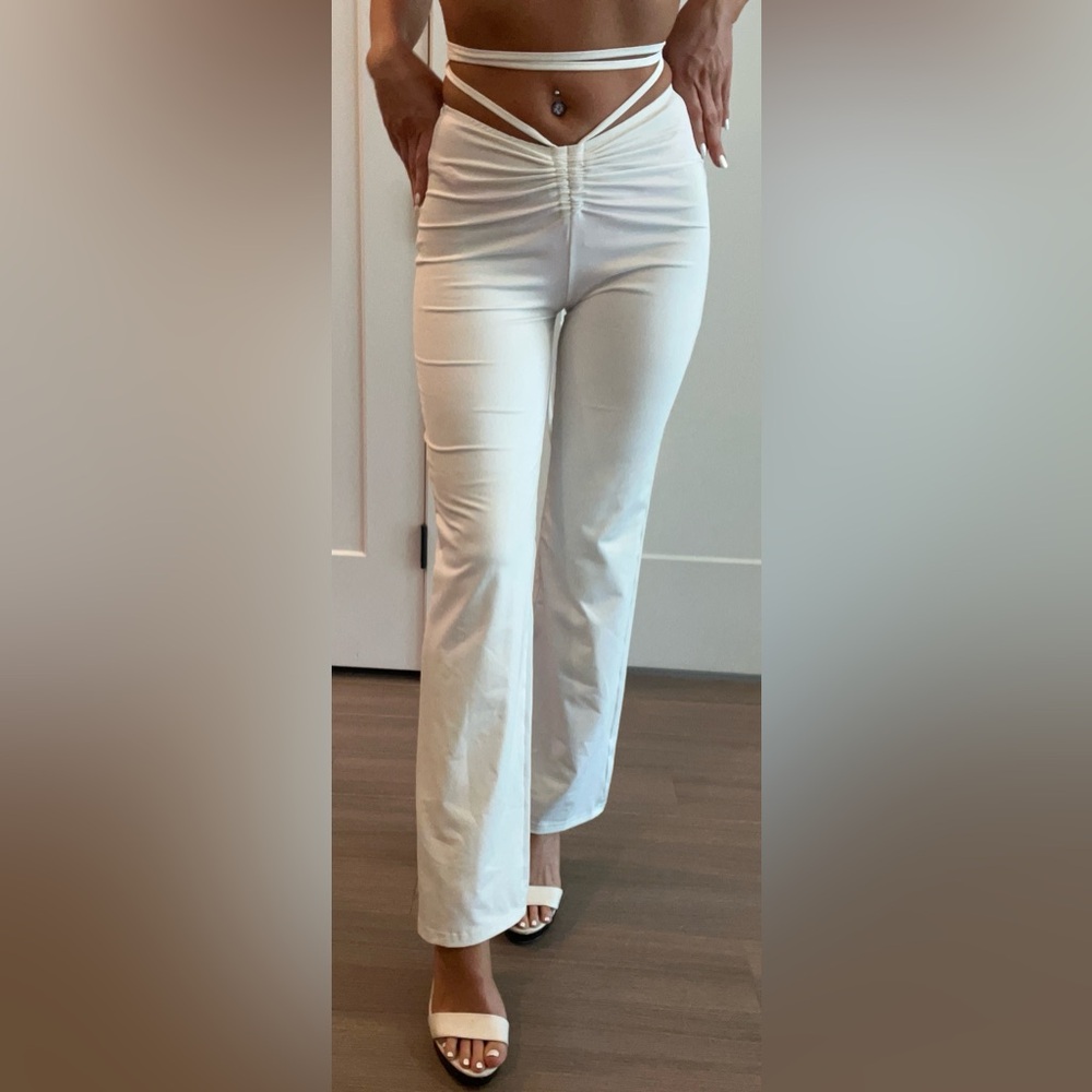 White flared pants with waist tie up scrunched front